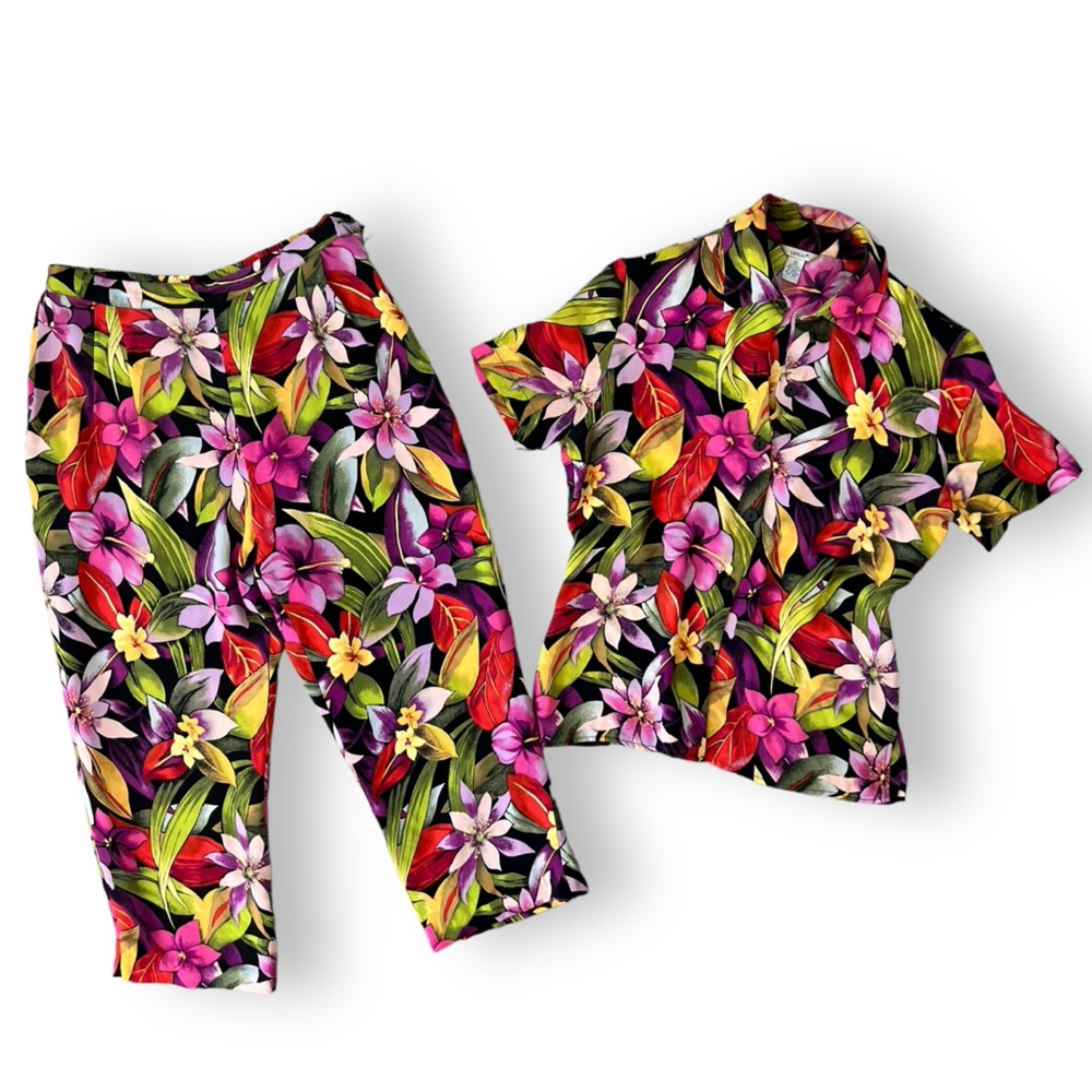 Vintage Resort Wear Set LEILEI 100% Silk Tropical Print Button Down and Capris